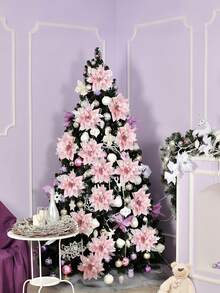 24/12pcs (12 Poinsettias + 12p Clips)-Glitter Pink Christmas Flowers, Poinsettia Christmas Flowers Decoration-Artificial Poinsettias Christmas Glitter Flowers With Clips,Artificial Pink Silver Poinsettia Christmas Tree Ornaments Glittery For Xmas New Year Wedding Party Wreath DIY Garland Decor (Pink)