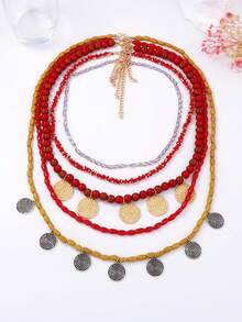 1 件复古多层串珠几何合金吊坠项链，休闲简约奢华百搭女士项链配饰 - 幾何吊墜項鍊 - 查看 11