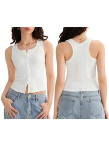 Women Ribbed Knit Tank Tops Lace Trim Buttons Casual Vests Summer Loose Sleeveless Tops Streetwear - White - View 2