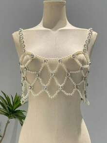 1pc Handmade Beaded Hollow Faux Pearl & Rhinestone Boho Style Necklace Chain Jewelry Accessory For Women, Suitable For Dates, Weddings, Parties, Summer Beach Vacation And Daily Wear