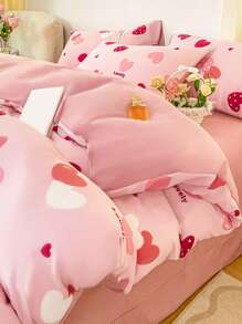 2/3件套浪漫爱情主题提花床上用品套装，超柔软，男女皆宜，学生宿舍理想之选，甜美可爱，水洗磨毛被套和枕套套装，春夏款，可选单人/双人/特大号尺寸