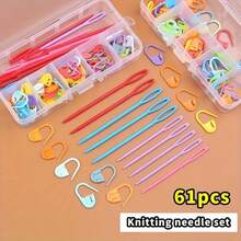 61 Stücke Häkel- und Strickzubehör-Set - Mehrfarbige Patchwork-Maschenmarkierer, Kunststoff-Nähnadeln, für Weben, Nähen und Stricken DIY-Basteleien, inklusive mehrerer Aufbewahrungsboxen