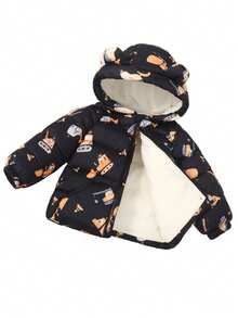 Young Boy Winter Cartoon Excavator Pattern Padded Coat With Warm Zipper And Padded Jacket - Black - View 2