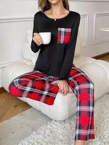بيجامة نسائية مكونة من ملابس علوية بأكمام طويلة وجيب وبنطال مربعات، ملابس نوم للخريف والشتاء - الأسود - مشاهدة 4