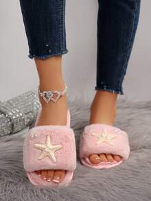 Dép xỏ ngón một mảnh mềm mại họa tiết sao biển thời trang dành cho nữ, mùa thu/đông mới chống trượt, đế cao su mũi tròn, đế mềm, thoáng khí, ấm áp, thoải mái, sang trọng - Hồng - Xem 3