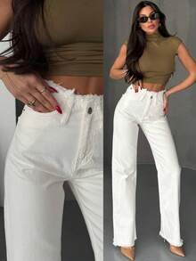 Jeans rectos de pierna ancha con acabado crudo para uso diario de verano para mujer