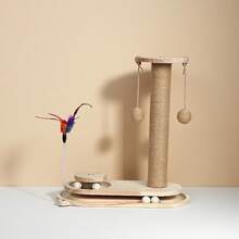 1 Piece Solid Wood Cat Tree, Natural Style With Scratching Post, Scratcher & Teaser Wand All-In-One Design For Cats' Home Self-Entertainment & Claw Grinding - Multicolor - View 8