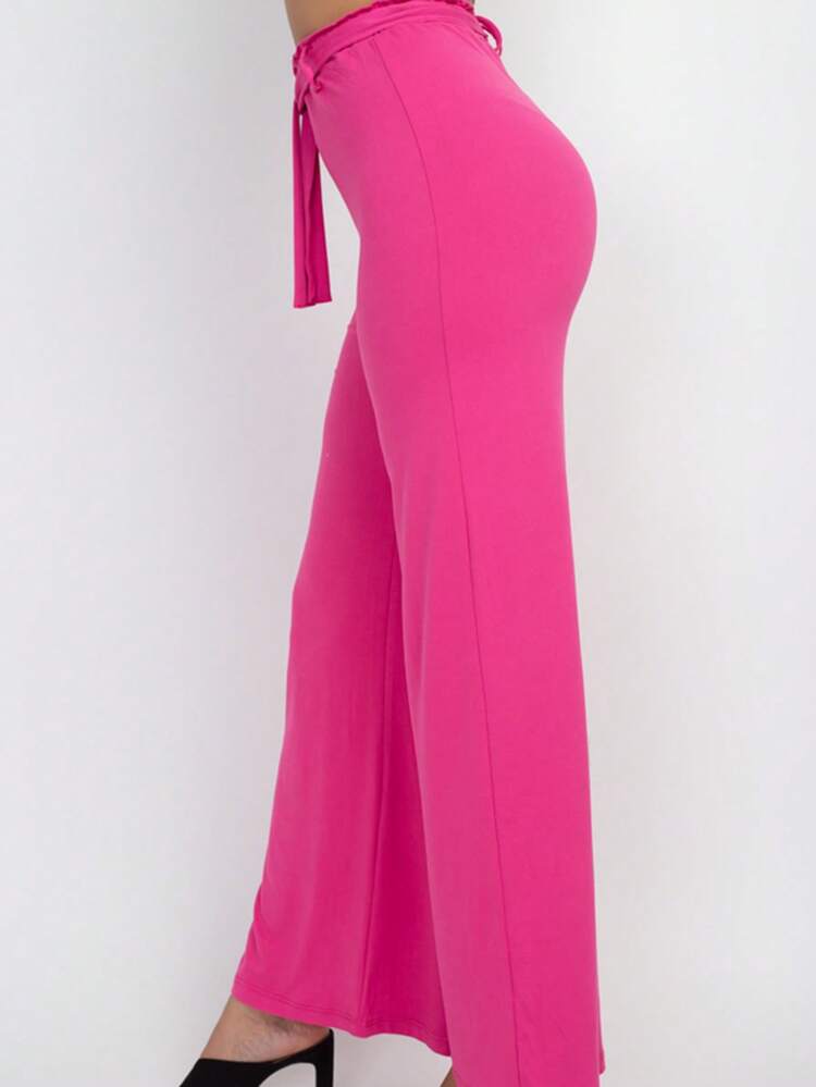 Pantalones anchos básicos informales de color liso con lazo para mujer, primavera, verano y otoño - Fucsia - Añade 4