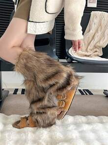 1 chiếc tất giữ ấm chân bằng lông nhân tạo màu nâu trơn mịn, phù hợp với mọi mùa, phong cách Y2K giữ ấm cho mùa đông và mùa thu - màu nâu - Xem 7