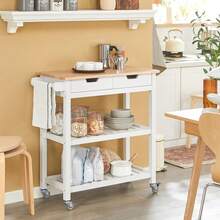 SoBuy FKW68-WN, Kitchen Storage Trolley Serving Trolley Kitchen Shelf With Rubber Wood Top 2 Drawers 2 Shelves - White - View 3