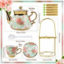 20-Piece Porcelain Tea Set With Metal Stand - Elegant European Floral Tea Cups & Saucers Set, Gold-Trimmed Coffee Service W/ EPS Foam Packaging, Stackable Porcelain Cups & Saucers For Afternoon Tea Gift - 款式2 - 查看 8