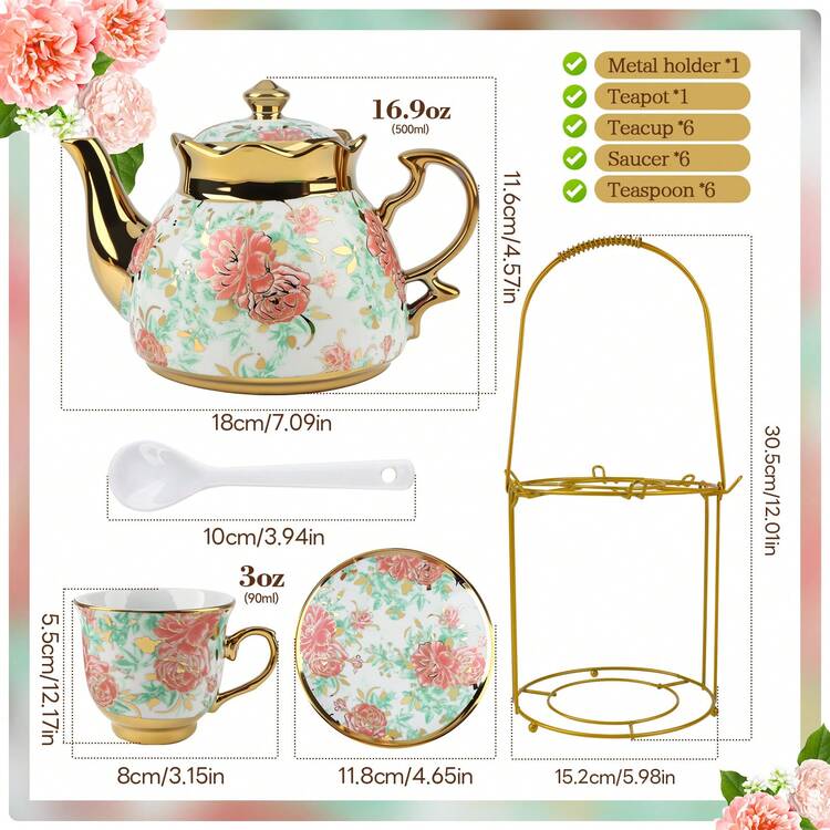 20-Piece Porcelain Tea Set With Metal Stand - Elegant European Floral Tea Cups & Saucers Set, Gold-Trimmed Coffee Service W/ EPS Foam Packaging, Stackable Porcelain Cups & Saucers For Afternoon Tea Gift - 款式2 - 查看 8