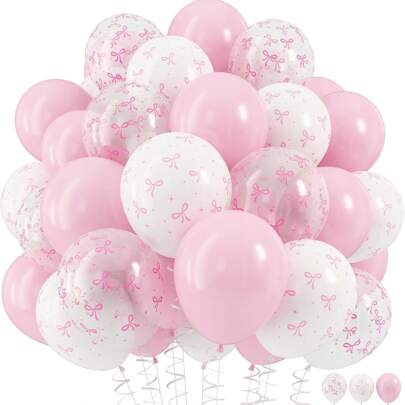 45pcs 12-Inch Light Pink & Transparent White Bow Print Balloons, Suitable For Girls Birthday Party, Bachelorette Party, Bow Theme Birthday, Baby Shower, Bridal Shower, Wedding, Anniversary Decoration