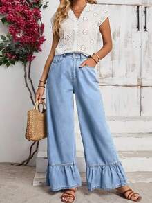 Ruffle Hem Wide Leg Jeans, Relaxed Loose Comfortable Blue Denim Pants, Vacation Style, Suitable For Casual Outings, Travel In Spring, Summer, Autumn And Winter - Blue - View 8