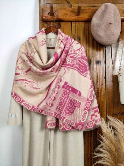 1pc 2025 Spring & Summer New Style Elegant Camellia Floral Shawl/Scarf For Women, Versatile Imitation Cashmere Wrap, Suitable For Air-Conditioned Rooms, Offices, Traveling, Fashion