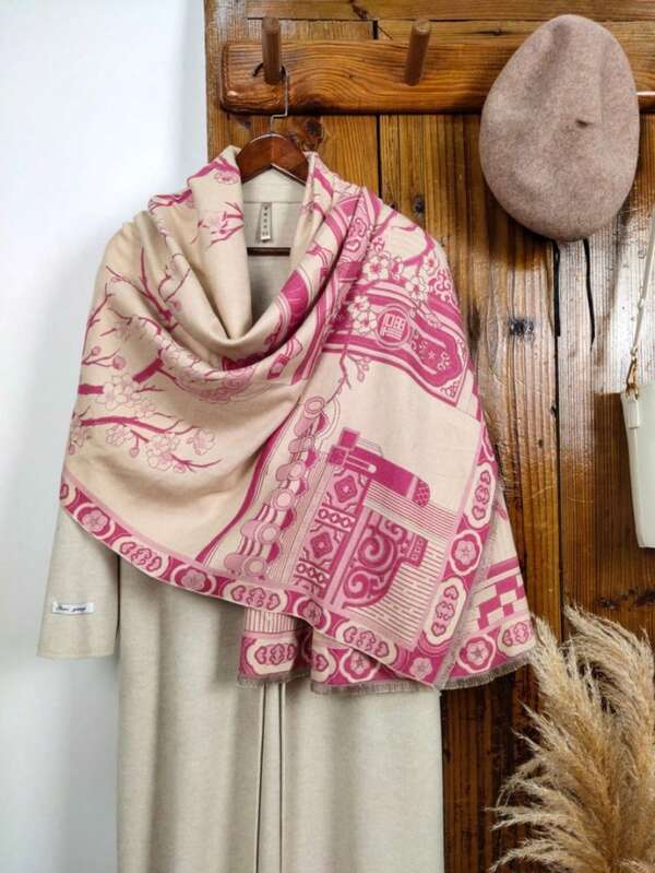 1pc 2025 Spring & Summer New Style Elegant Camellia Floral Shawl/Scarf For Women, Versatile Imitation Cashmere Wrap, Suitable For Air-Conditioned Rooms, Offices, Traveling, Fashion
