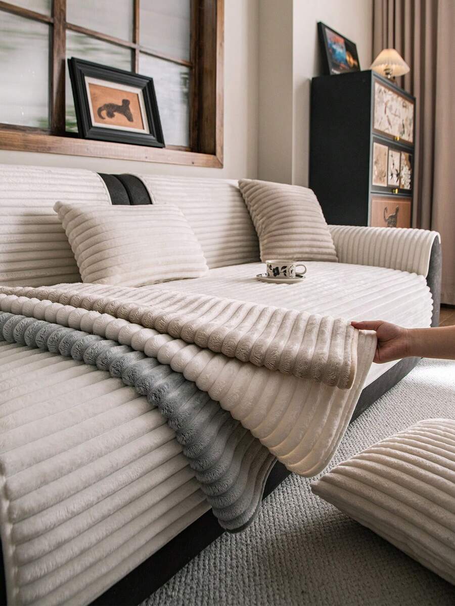 1 件毛绒纯色沙发套，温暖舒适的沙发保护垫，适用于卧室、办公室、客厅。厚实柔软，保暖防污，适合养宠物的家庭，可机洗，适合 1/2/3/4 人座沙发 - 米色 - 查看 1