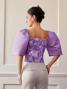 Áo dự tiệc vải đặc biệt thêu thanh lịch dành cho nữ, Áo crop top mùa hè dành cho nữ, Áo công sở thường ngày, Áo tay bồng, đi nghỉ - Màu tím - Xem 2