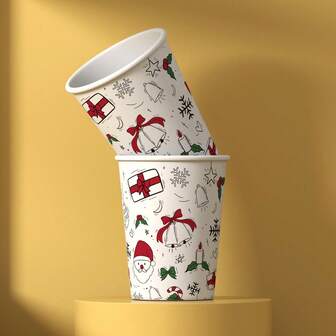20pcs/50pcs Santa Claus White Gift Themed Disposable Party Tableware, Christmas Pattern Themed Disposable Paper Cups, 250ML Coffee Cups, Cold Drink Cups