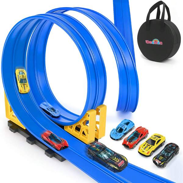  Dreamon Car Track 5m - Toy Car High Speed Raceway With 4 Die-Cast Cars, 2 Ramps, 1 Storage Bag, Birthday Gift For Boys And Girls Ages 3+