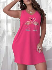 Plus Size Womens Nightdress Flamingo Animal Pattern Nightdress, Cute Sleeveless Crew Neck Sleepwear Dress, Fashion And Casual Summer Beautiful Nightgown For Lady Girls And Women Sleep Wear, Nice Gift For Lady - 粉色 - 查看 1