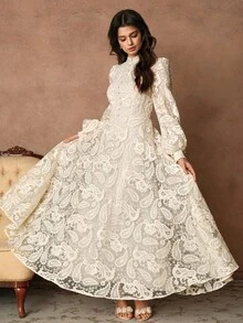 Savoree Đầm nữ mùa thu cổ đứng tay đèn lồng eo nhún thêu hoa bán trong suốt thanh lịch - Xem 1