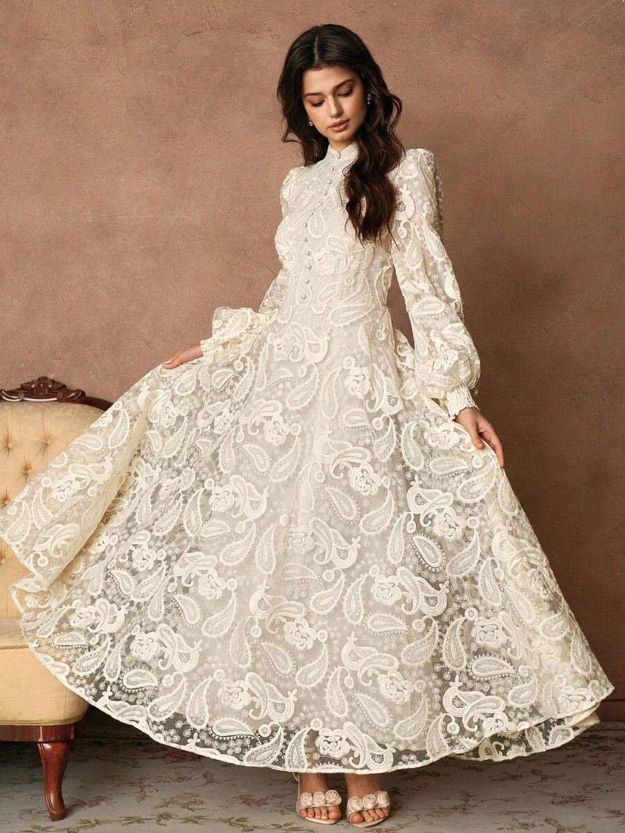 Savoree Đầm nữ mùa thu cổ đứng tay đèn lồng eo nhún thêu hoa bán trong suốt thanh lịch - Xem 1