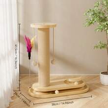 1 Piece Solid Wood Cat Tree, Natural Style With Scratching Post, Scratcher & Teaser Wand All-In-One Design For Cats' Home Self-Entertainment & Claw Grinding - Multicolor - View 3