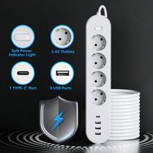 4 prize CA, 3 porturi USB, 1 prelungitor cu port Type-C cu protecție la supratensiune, prelungitor de 1,5 m/3 m/4,5 m, potrivit pentru bucătărie, cămin, birou, garaj și uz casnic.