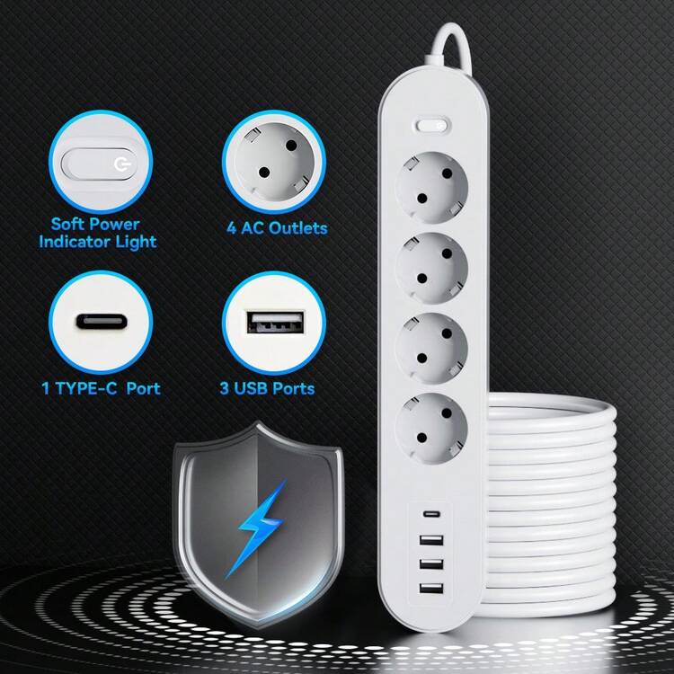 4 个交流电源插座、3 个 USB 端口、1 个 Type-C 端口电源板（带电涌保护器）、5 英尺/10 英尺/15 英尺延长线，适用于厨房、宿舍、办公室、车库和家庭使用 - 查看 3