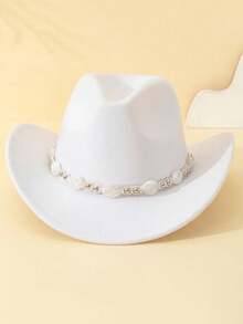 A Fashionable And Colorful Upturned Hat Decorated With White Turquoise Beads, A Western Cowboy-Style Felt Hat, Suitable For Men, Women And Teenagers For Outdoor Vacations, Grasslands, Christmas And Halloween Parties, And Festival Outfits (Plastic Hard Hat Tray + Wrapped With Cling Film) - White Turquoise Beaded Hat - View 2