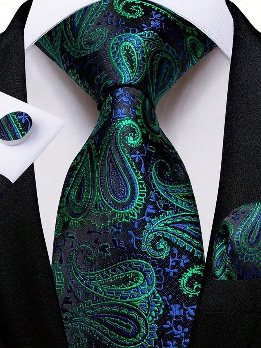Men Tie Sets Classic Fashion Necktie Set With Cufflink For Business Party - Green - View 1