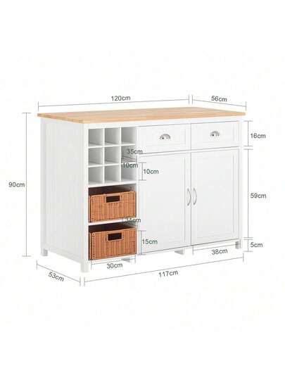 SoBuy KNL05 W, Kitchen Isl Cabinet Cupboard Sideboard Rattan Baskets, Breakfast Dining Bar Tafel view 5