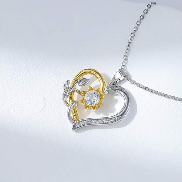 1pc Fashion 925 Silver Zirconia Flower, Sunflower, Leaf, Heart Pendant Necklace For Women, Suitable For Daily, Vacation, Party Wear, Holiday Gift