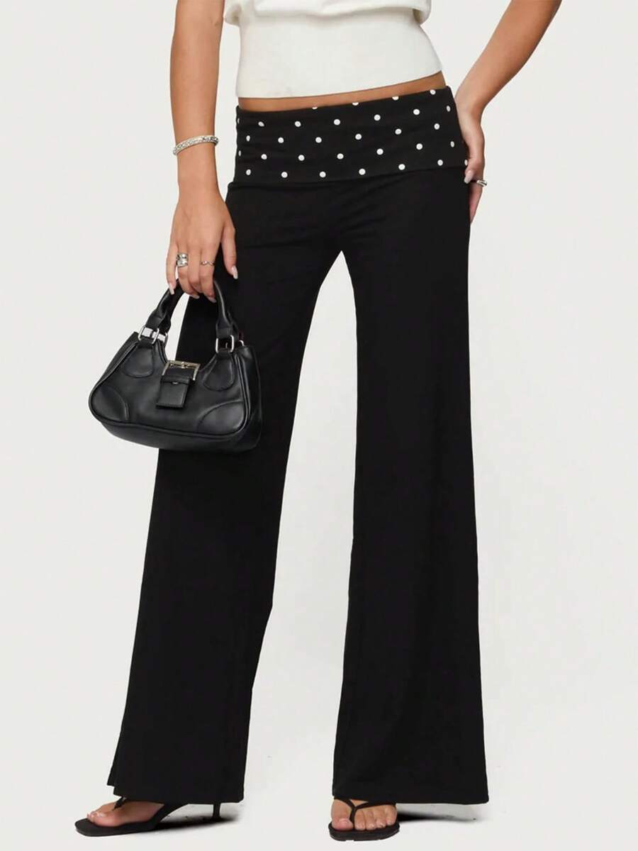 Fold Over Yoga Pants Elastic Waist Low Rise Straight Wide Leg Sweatpants Y2k Color Block Flare Yoga Lounge Leggings Stretchy Loose Gym Pants Back To School Clothes For Teen Girls Women - Đen và trắng - Xem 1