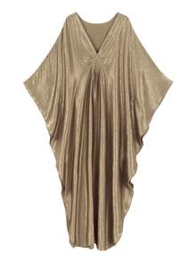Elegant Women's Champagne Satin Kaftan Dress, Batwing Sleeve Casual Loungewear Spring - Rượu sâm banh - Xem 4