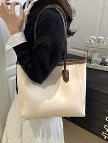 大容量单肩PU手提包纯色女包跨境时尚欧美通勤托特包返校大包 - 米色 - 查看 8