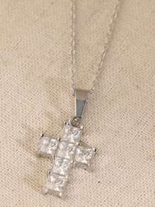 1pc Fashionable Cubic Zirconia Cross Stainless Steel Pendant Necklace, Suitable For Daily Wear, Party And Casual