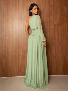 Long Dress For Bridesmaids Wedding Graduation One Elegant Sleeve - Mint Green - View 2