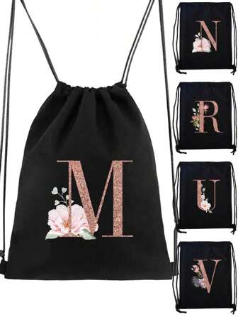 抽绳背包运动背包女士抽绳鞋袋旅行收纳袋玫瑰金首字母姓名字母图案健身包轻便抽绳包旅行袋布袋防尘收纳袋户外行李袋运动包书包学生手提包运动背包后背印花