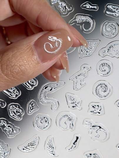 1pc Fossil Pattern Nail Stickers, For Nail Art, Extra Shiny 5D Foil Ocean Fish Dinosaur Fossil Design Nail Art Stickers, Silver Shell Plant Fossil Jurassic Plant Self-Adhesive Design, Halloween Nail Supplies, Suitable For Women Manicure Accessories Nails