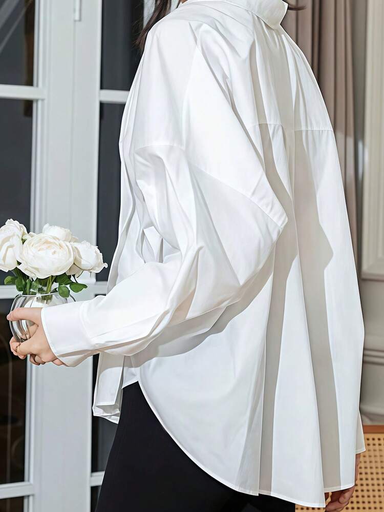 女士纯色休闲衬衫，V 领梭织面料，优雅休闲机场及日常穿着，春秋季 - 白色 - 查看 4