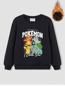 Mädchen Schwarzes Baumwoll Sweatshirt, Drop-Shoulder und niedlichem Aufdruck, locker sitzendes Lässig Sweatshirt, Sweatshirt mit dickem Stoff und Rundhalsausschnitt für Herbst und Winter, bequemes langärmeliges Kindersweater mit zusätzlicher Fütterung.