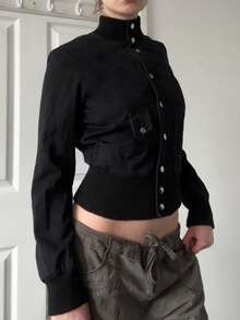 黑色单排扣立领女士休闲长袖外套，复古Y2K风格开衫，适合秋冬季穿着 - 黑色 - 查看 7