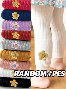 6件/5件/4件/2件女童秋冬紧身裤，针织面料条纹打底裤，时尚可爱碎花紧身裤，适合休闲日常生活 - 彩色 - 查看 20