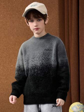  ASK JUNIOR Tween 男童厚款温暖渐变色马海毛毛衣，柔软舒适针织套头衫，适合青少年，冬季