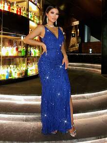 Elisanya Prom DressCHOSMO Prom Dresses For High School Christmas Halter Tassel Strapless Backless High Waist Side Split Sequin Maxi Skirt,Demure Slim Dinner Outfit,Date Night Dress,Elegant Evening Dress,Wome's Prom Dresses High Slit Flowy Party Dress - Royal Blue - View 5