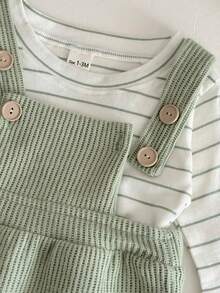 2pcs/Set Newborn Baby Boys/Girls Cute Waffle Bodysuit & Striped Long Sleeve T-Shirt Set, Spring/Autumn - Green - View 9