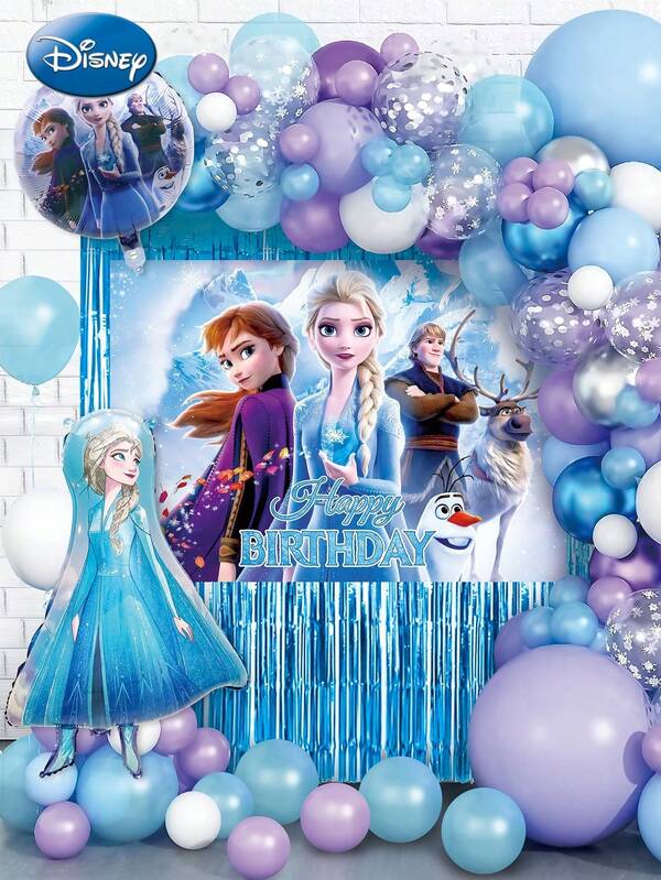 Disney 73PCS Disney Officially Licensed Frozen Elsa Balloon Sets Cute Cartoon Balloon Garland Decoration Princess Theme Birthday Party Photo Background Props Banquet Wedding Graduation Anniversary Supplies Friends Family Gift