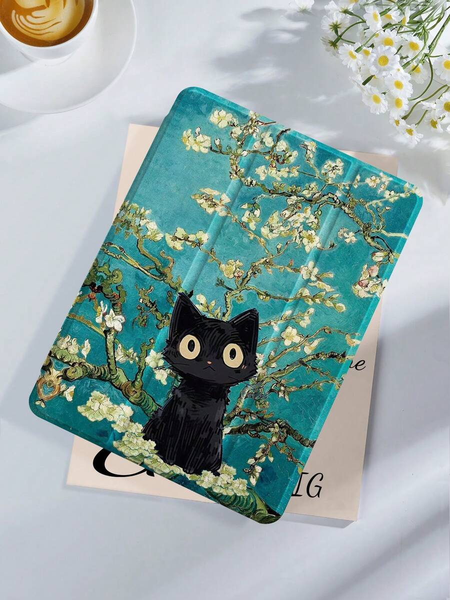 梵高杏色图案黑猫平板电脑保护套，兼容 iPad 9.7/10.2/10.5/10.9/12.9/Pro 11（第十代）、Galaxy Tab S6 Lite 10.4 英寸、Kindle Paperwhite（第十二代，2024 年发布）、Kindle（第十一代，2022 年发布），柔软防震，带智能支架/自动唤醒/睡眠功能